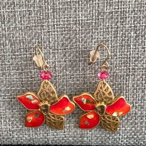 ♥️ Sale 3for$15! Gold Tone Red Enamel Flower Dangle Earrings